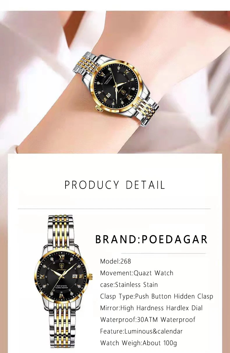 POEDAGAR Casual Wrist Watch For Women Luxury Waterproof Luminous Date Ladies Watch Stainless Steel Quartz Women Watch Gold reloj