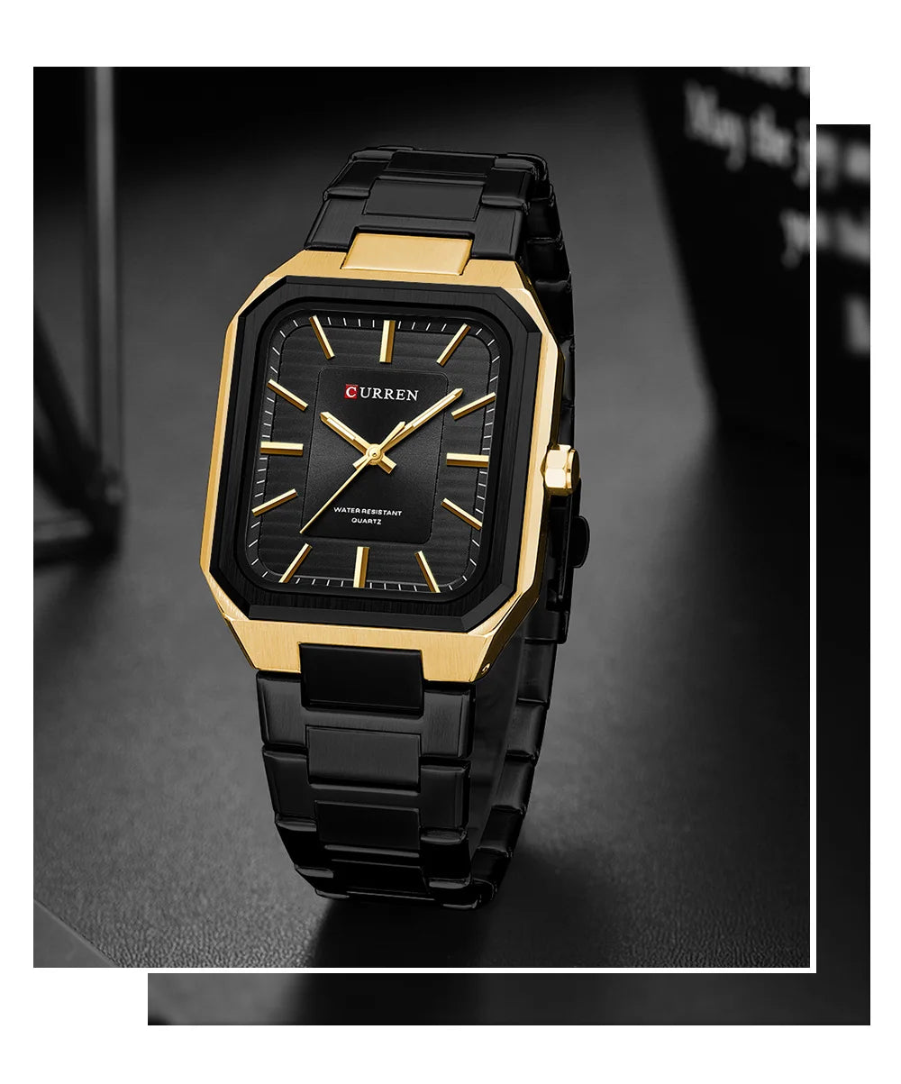 CURREN NEW Stainless Steel Strap Vintage Rectangle Dial Quartz Watches for Men Luminous Hands Waterproof