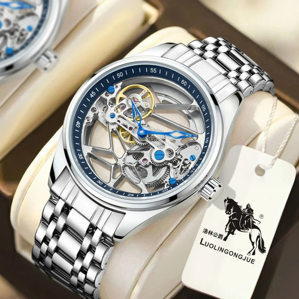 High-End Men's Mechanical Watch, Hollow Design, Round Dial, Fashionable Business Casual Waterproof Double-Sided Hollow Fully Automatic Mechanical Watch for Men, the First Choice for Valentine's Day Gifts