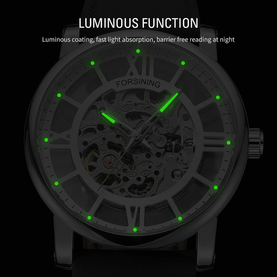 2026 FORSINING Official Original 3d Skeleton Automatic Watches For Men Waterproof Retro Luminous Mechanical Clock Leather Strap
