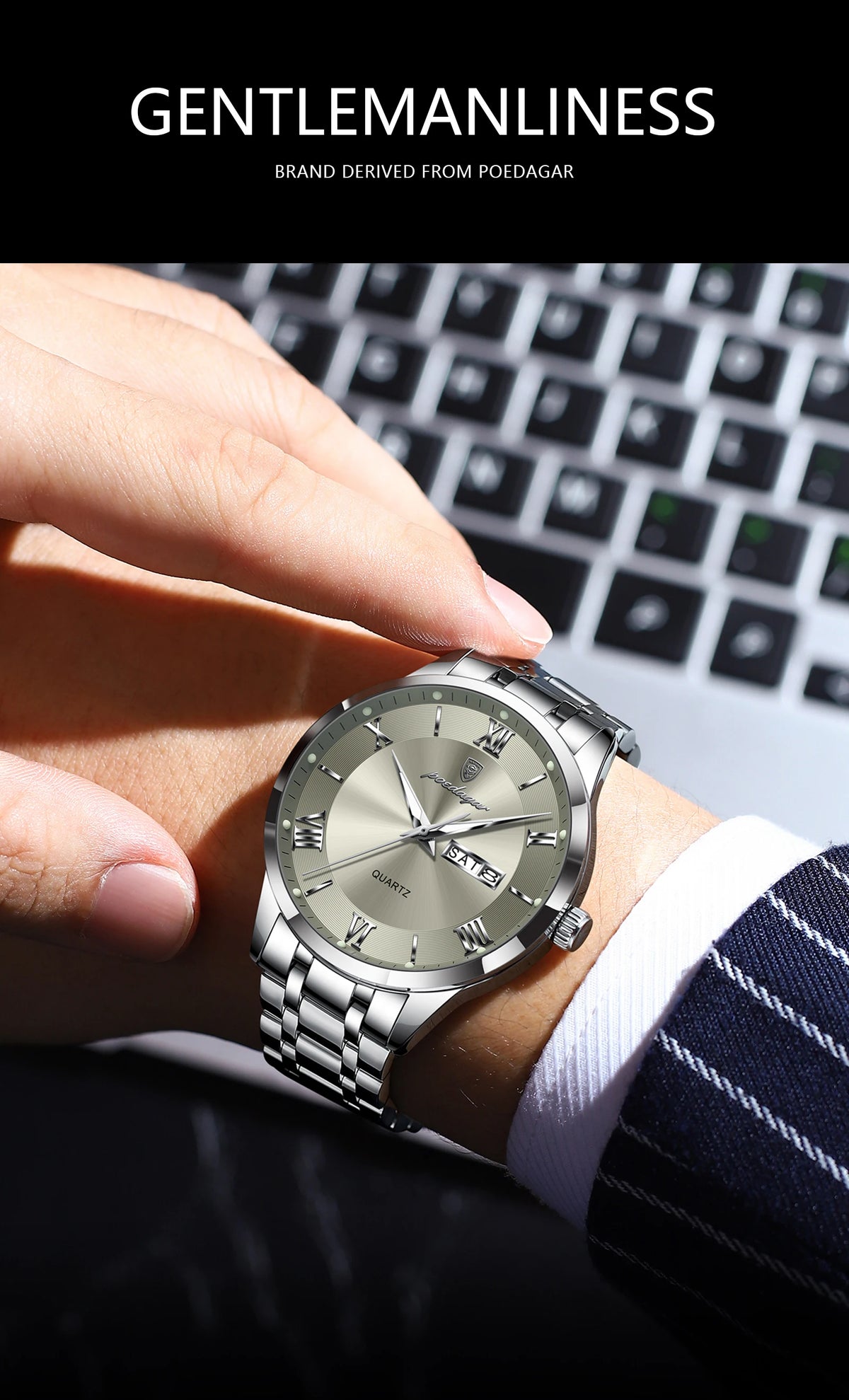 POEDAGAR Business Sports Man Wristwatch Waterproof Luminous Week Date Fashion Men's Clock Stainless Steel Quartz Watches For Men