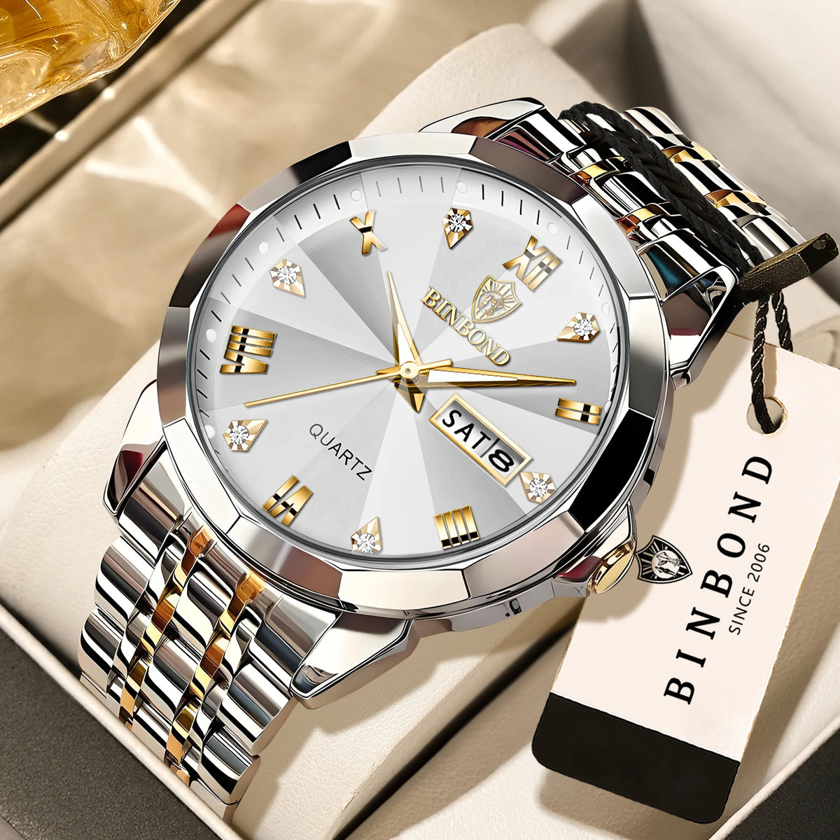 BINBOND Quartz Wristwatches For Men Luminous Waterproof Men's Watch Stainless Steel Original Reloj Para Hombre Todo +Box