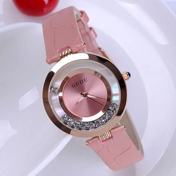 Fashion GUOU Brand Women Rolling Drill Dress Watches Luxury Quicksand Casual Clock Genuine Leather Rhinestone Lady Wrist Watches