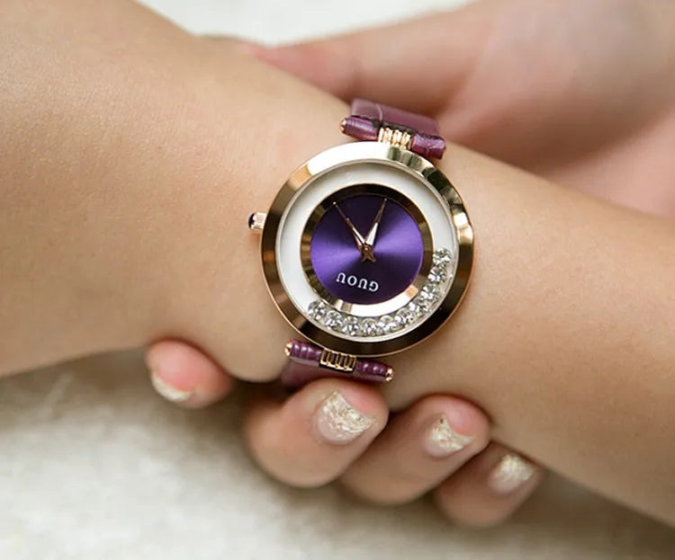Fashion GUOU Brand Women Rolling Drill Dress Watches Luxury Quicksand Casual Clock Genuine Leather Rhinestone Lady Wrist Watches