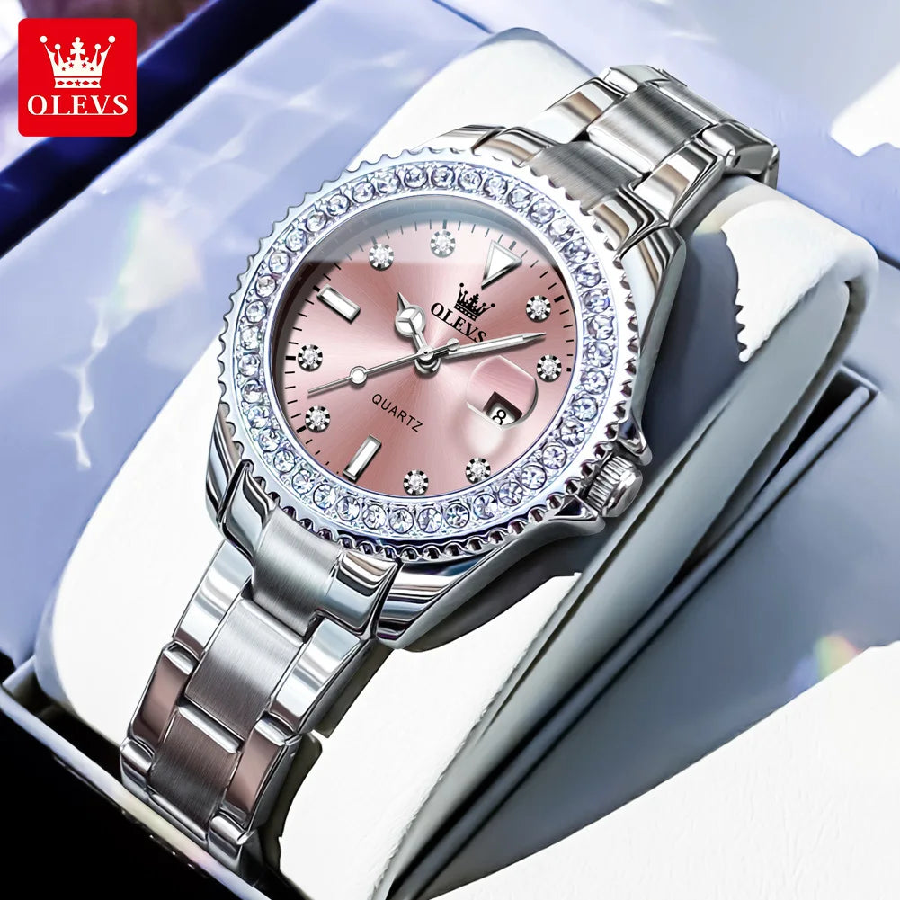 OLEVS 9945 Women's Watches Elegant Purple Full Diamond Dial Solid Stainless Steel Auto Date Waterproof Quartz Watch for Women