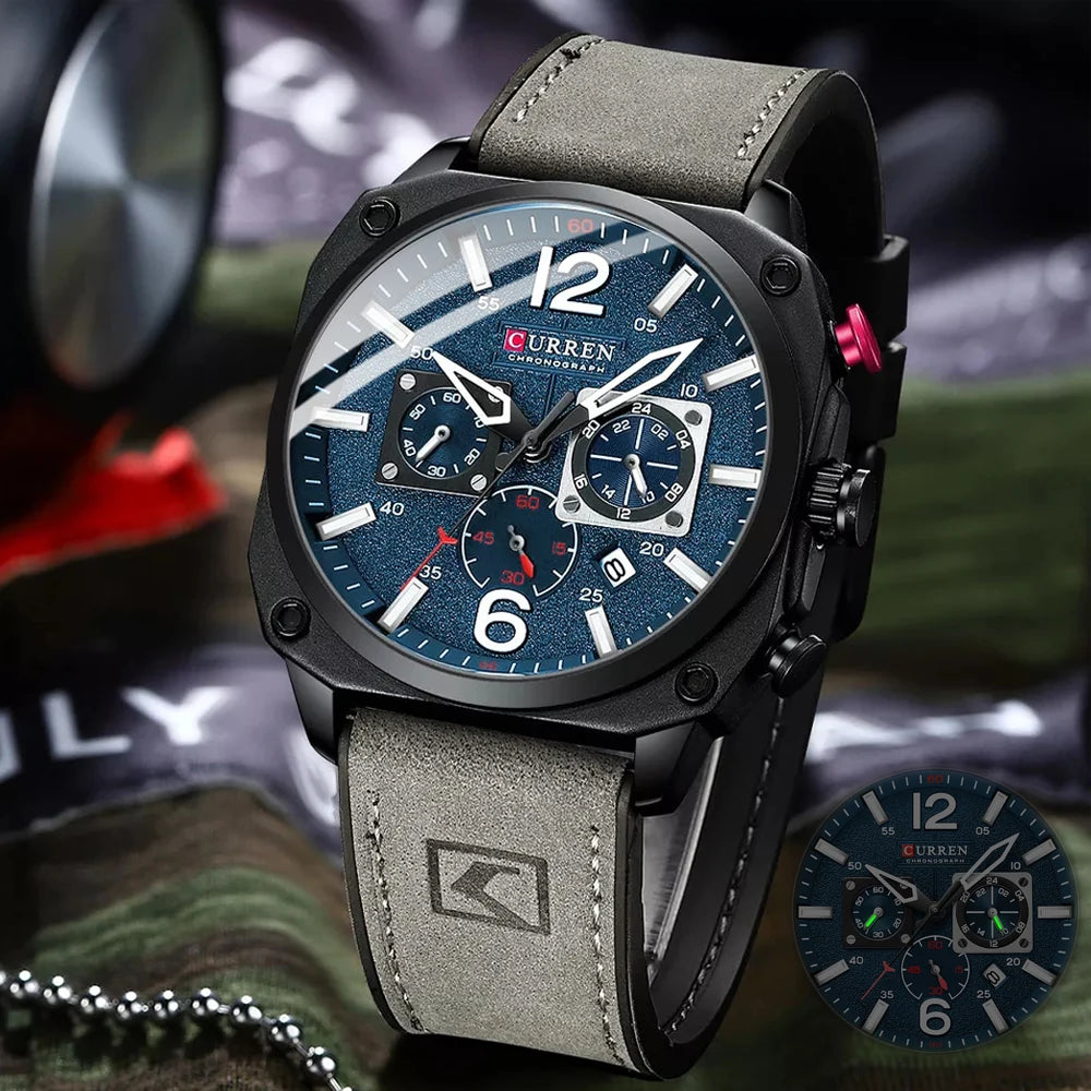 CURREN Men's Watch Fashion Waterproof Multi-function Chronograph Clock Leather Six Needle Calendar Luminous Quartz Watches