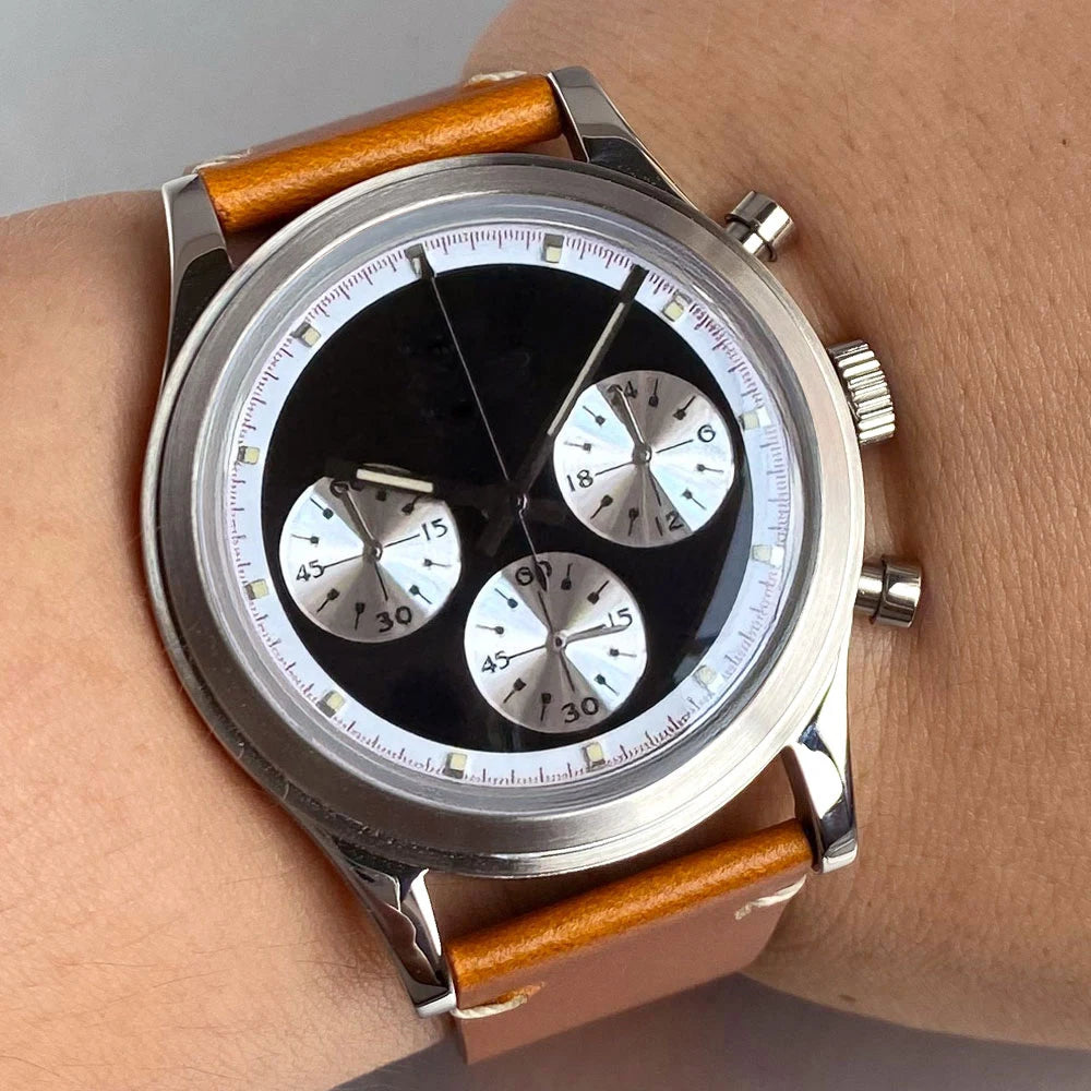 Luxury 38mm Tandorio Chronograph Quartz Men Watch VK63 Domed Glass Retro Business Clock Push Pull Crown