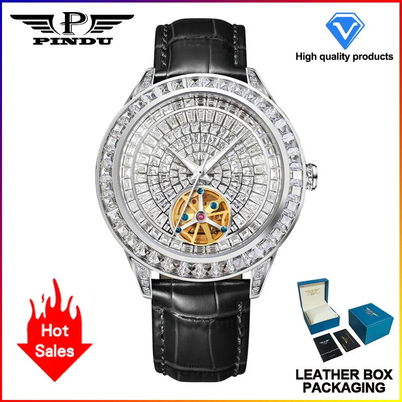 PINDU Brand Design New 43MM Mechanical Watch Men Diamond Dial Stainless Steel Waterproof TOP-Luxury Automatic Mechanical Watch
