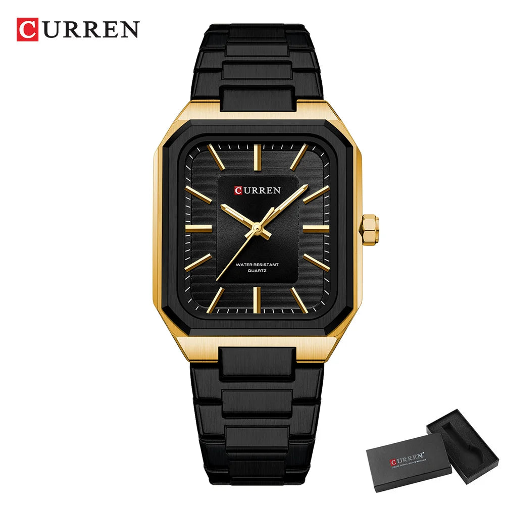 CURREN NEW Stainless Steel Strap Vintage Rectangle Dial Quartz Watches for Men Luminous Hands Waterproof