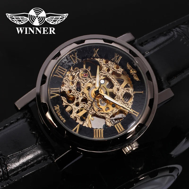 High quality Winner Gold Male Clock Transparent Skeleton Mechanical Watches for men Luxury Luminous Leather manual Wristwatch