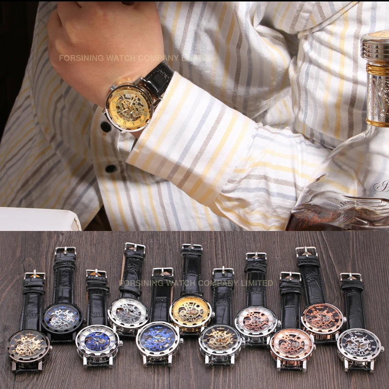 High quality Winner Gold Male Clock Transparent Skeleton Mechanical Watches for men Luxury Luminous Leather manual Wristwatch