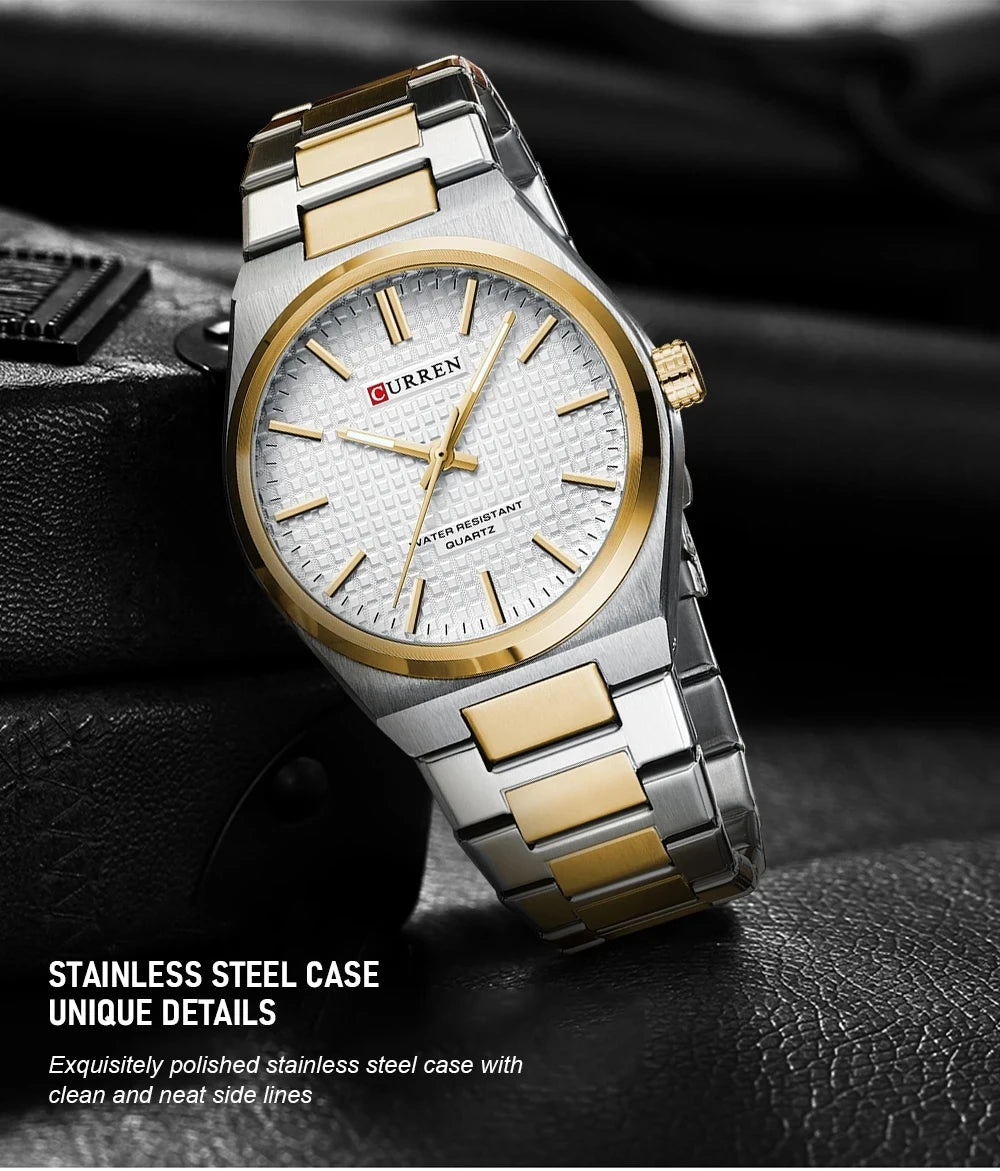 CURREN 8439 Men's Business Quartz Watch Minimalist Grid-Pattern Stainless Steel Strap Wristwatch with  Calendar Function