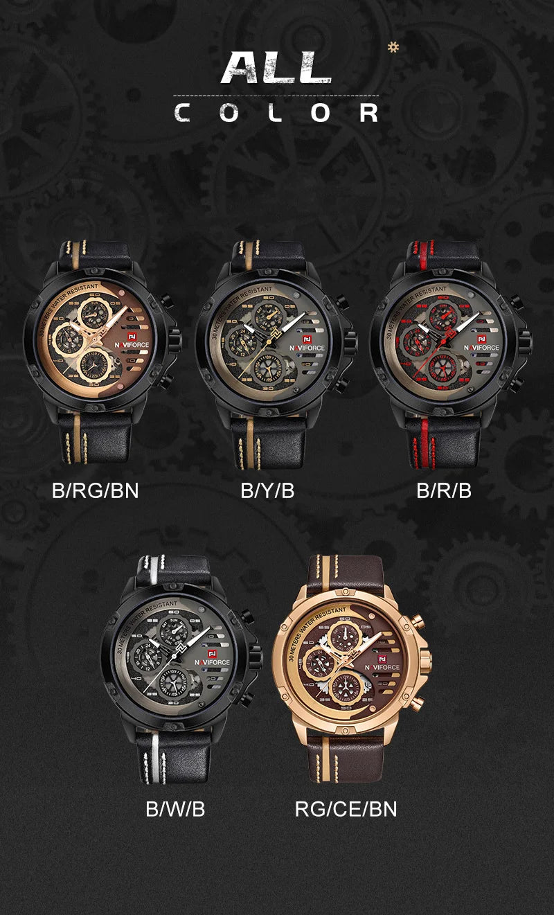 NAVIFORCE Men's Sports 24H Display Date Calendar Waterproof Watch Luminous Genuine Leather Strap Quartz Wristwatch Reloj Hombre
