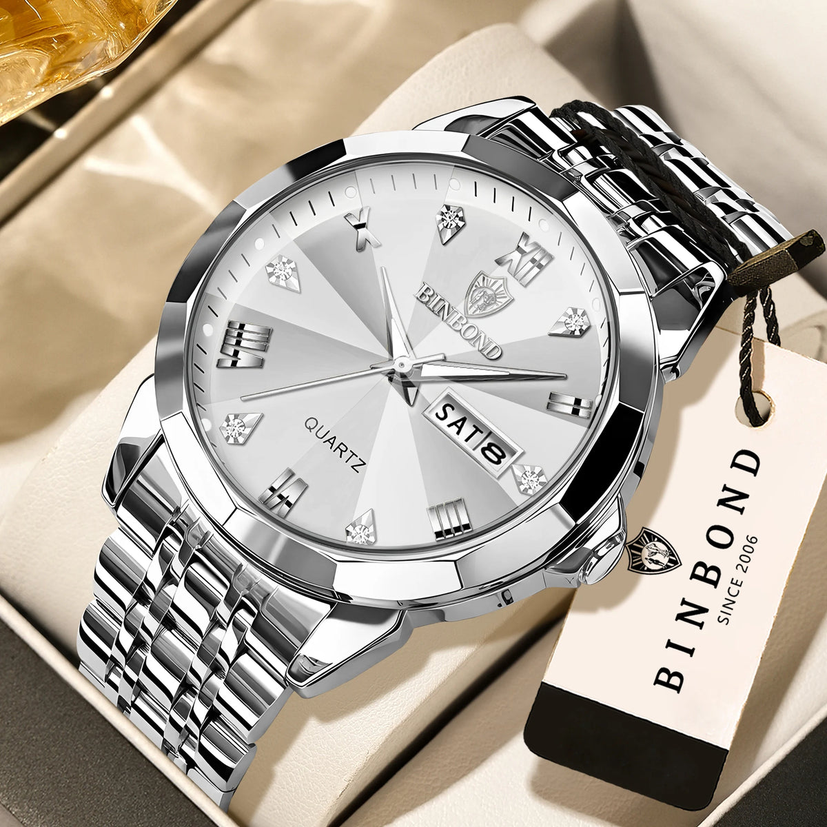 BINBOND Quartz Wristwatches For Men Luminous Waterproof Men's Watch Stainless Steel Original Reloj Para Hombre Todo +Box