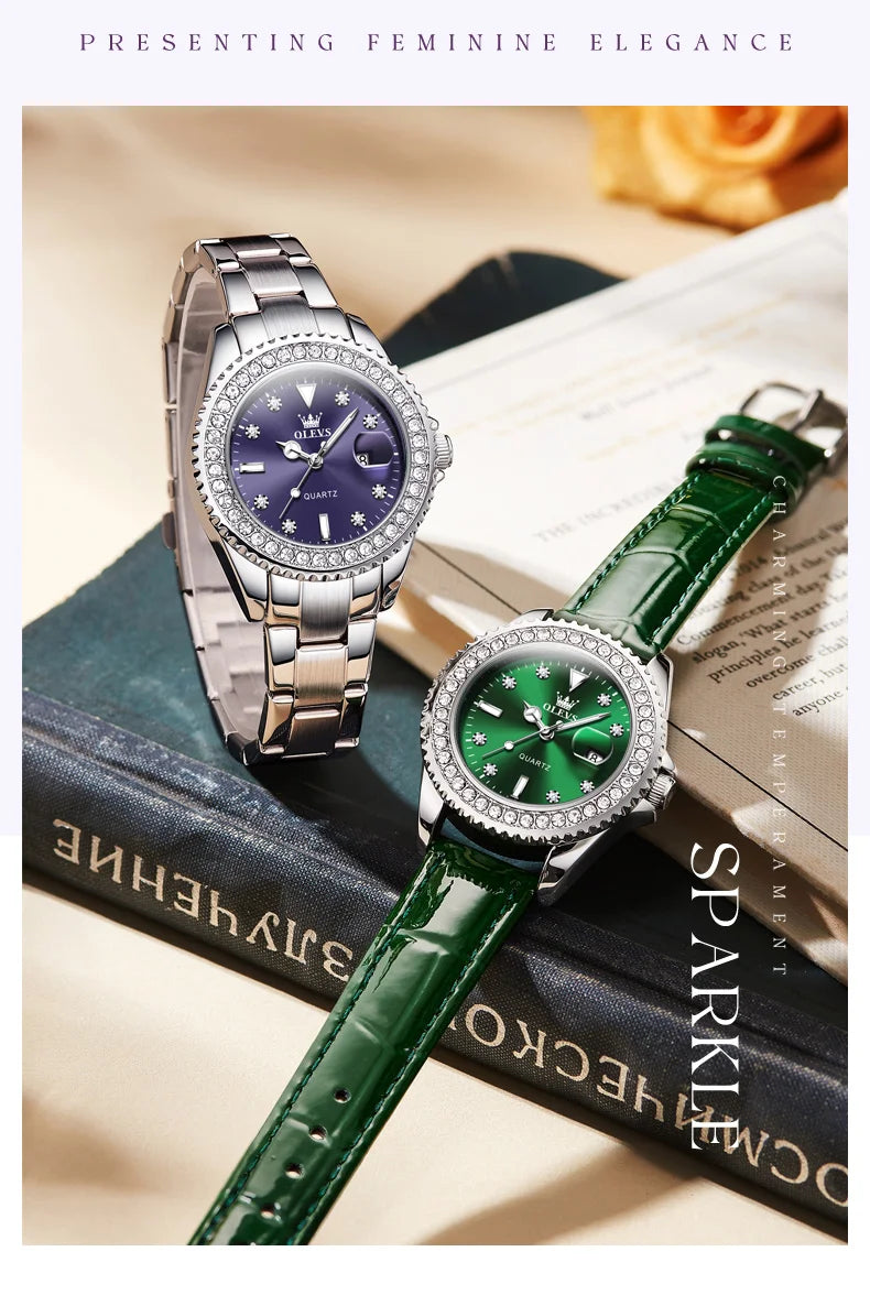 OLEVS 9945 Women's Watches Elegant Purple Full Diamond Dial Solid Stainless Steel Auto Date Waterproof Quartz Watch for Women