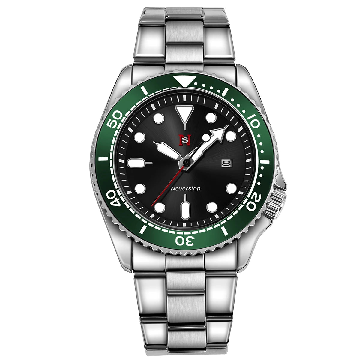 NS Mens Sports Watch | Multi-Color High-Contrast Dial and Markers Ceramic Bezel Stainless Steel Band Versatile Style