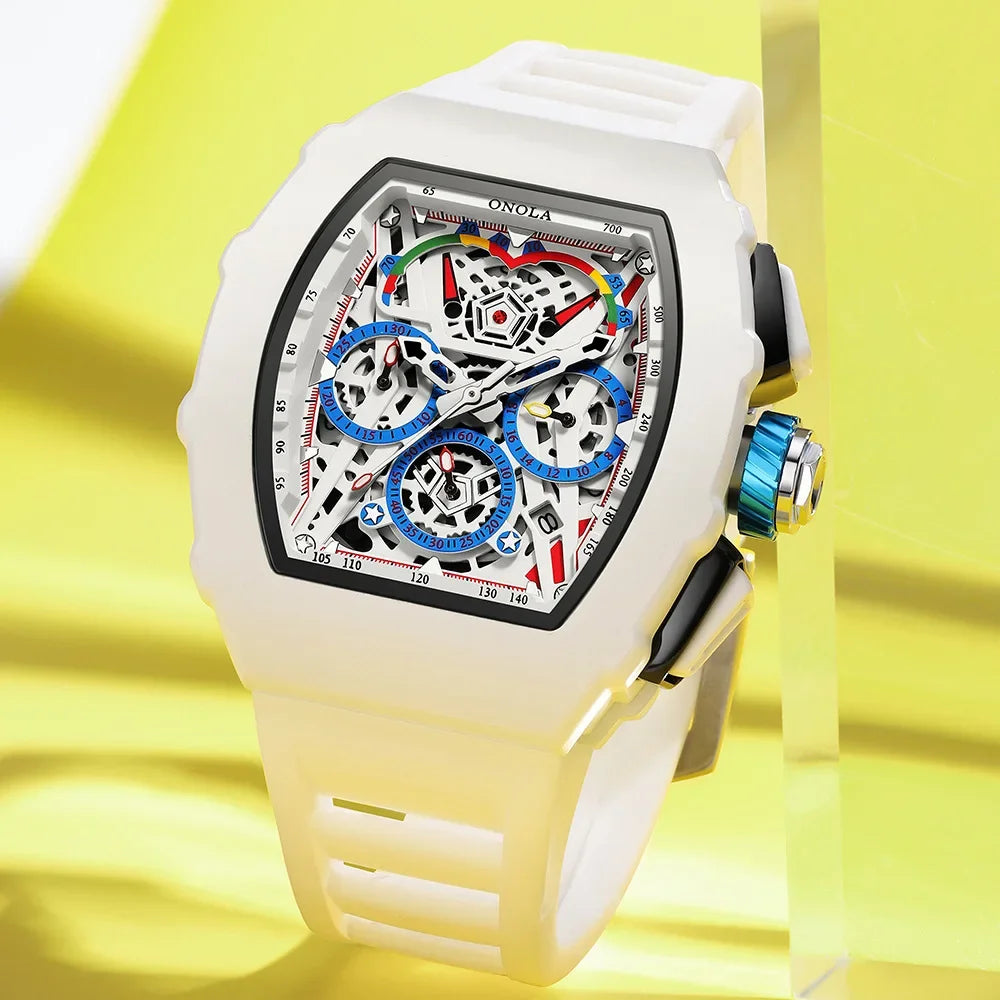 Gift Box for Man ONOLA 6827GM Trend White Quartz Wristwatch Silicone Strap Chronograph Luminous Waterproof Men Watch