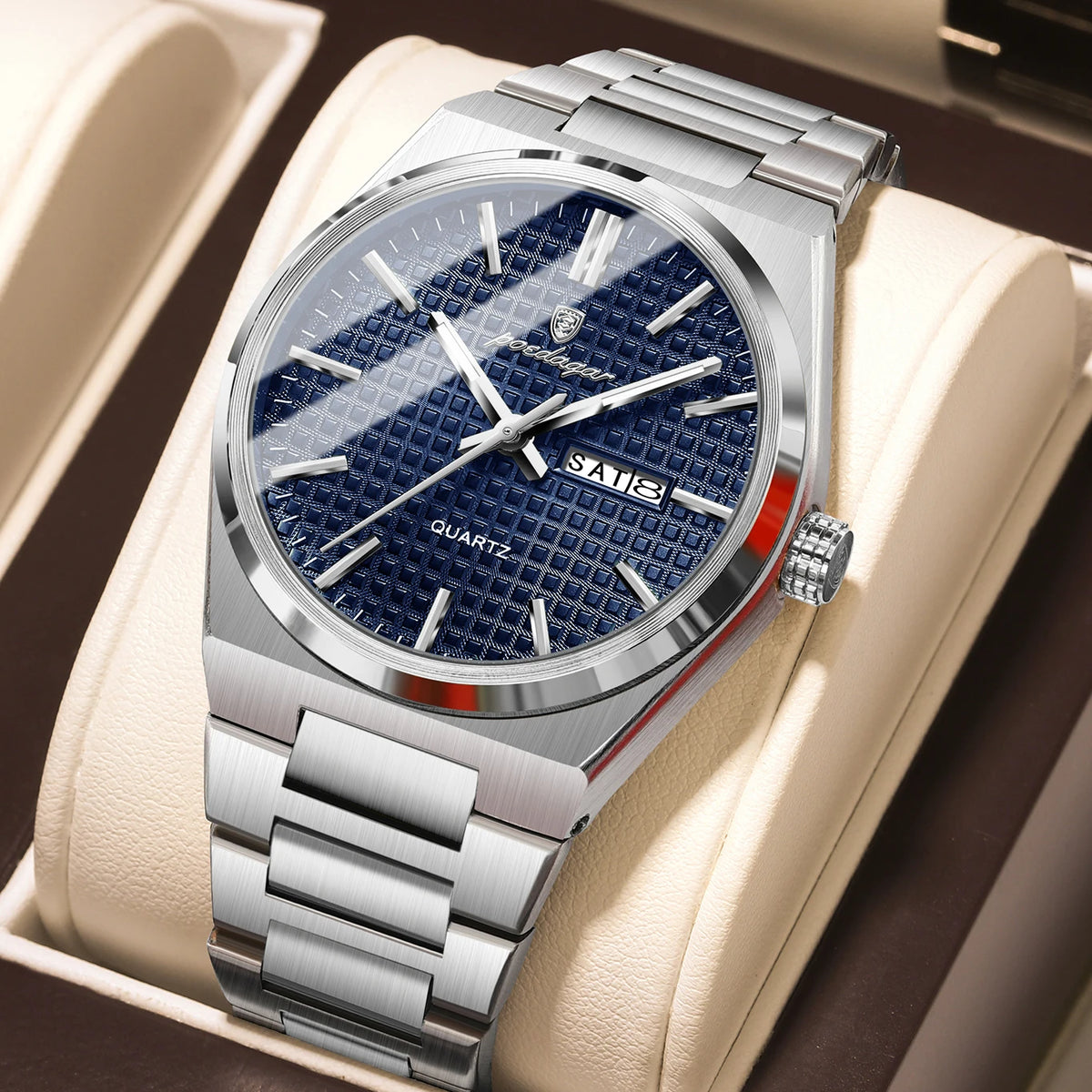 POEDAGAR Youth Fashion Men Clock Luminous Waterproof Stainless Steel Men's Watch Date Week Business Quartz Watches For Man Reloj