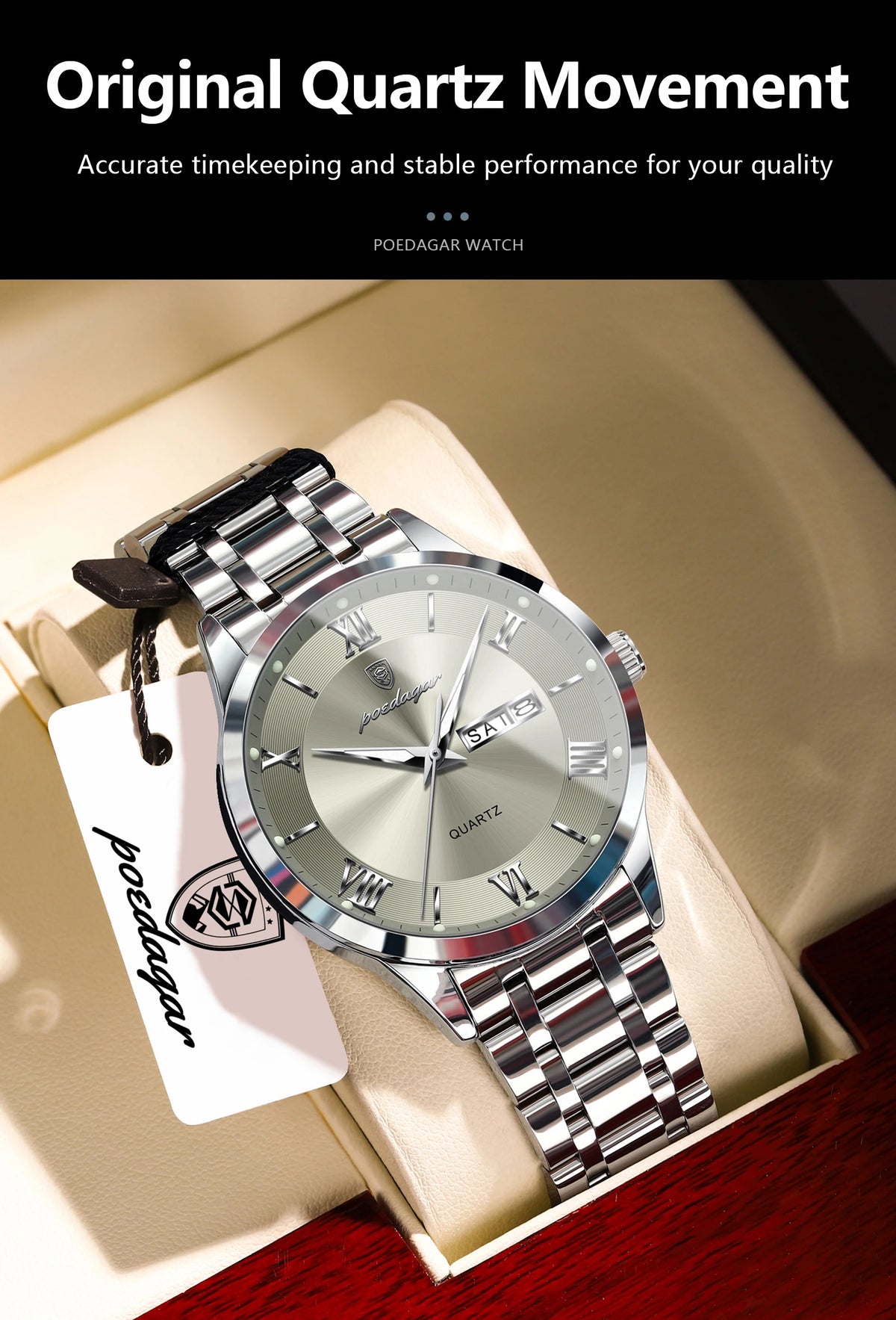 POEDAGAR Business Sports Man Wristwatch Waterproof Luminous Week Date Fashion Men's Clock Stainless Steel Quartz Watches For Men