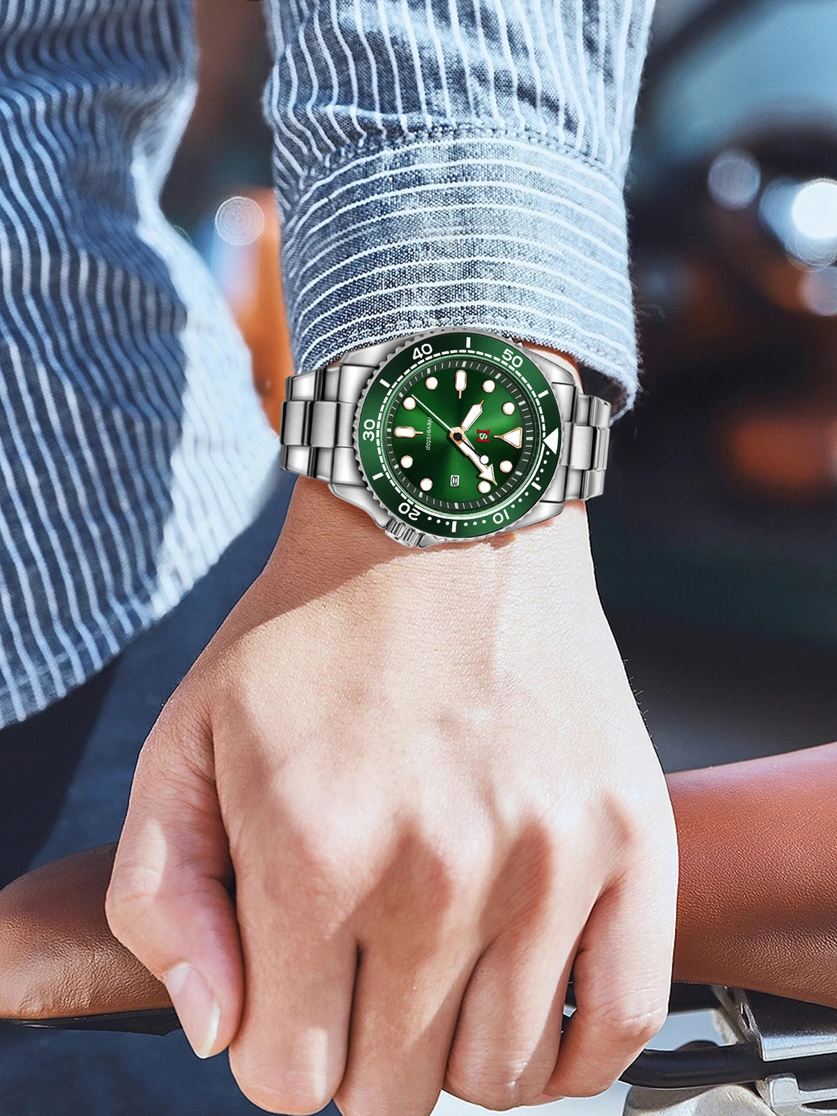NS Mens Sports Watch | Multi-Color High-Contrast Dial and Markers Ceramic Bezel Stainless Steel Band Versatile Style