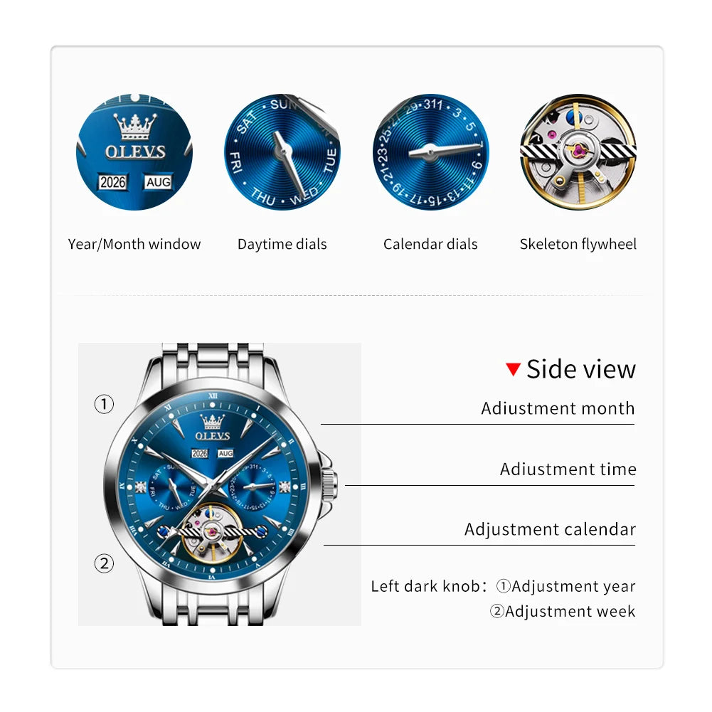 OLEVS 7091 Automatic Men's Watches Skeleton Flywheel Dual Calendar Stainless Steel Waterproof Luminous Mechanical Watch For Man