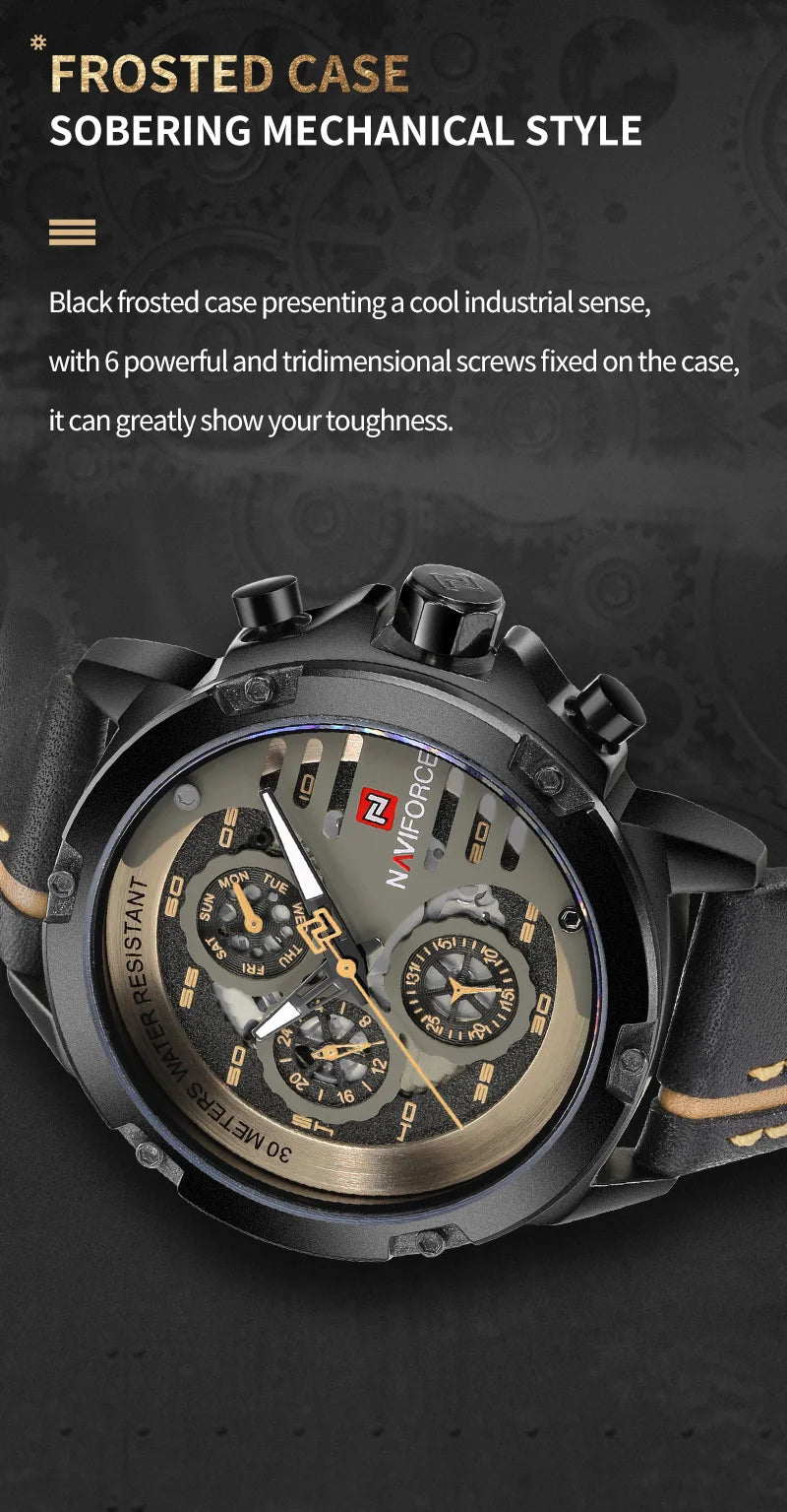 NAVIFORCE Men's Sports 24H Display Date Calendar Waterproof Watch Luminous Genuine Leather Strap Quartz Wristwatch Reloj Hombre