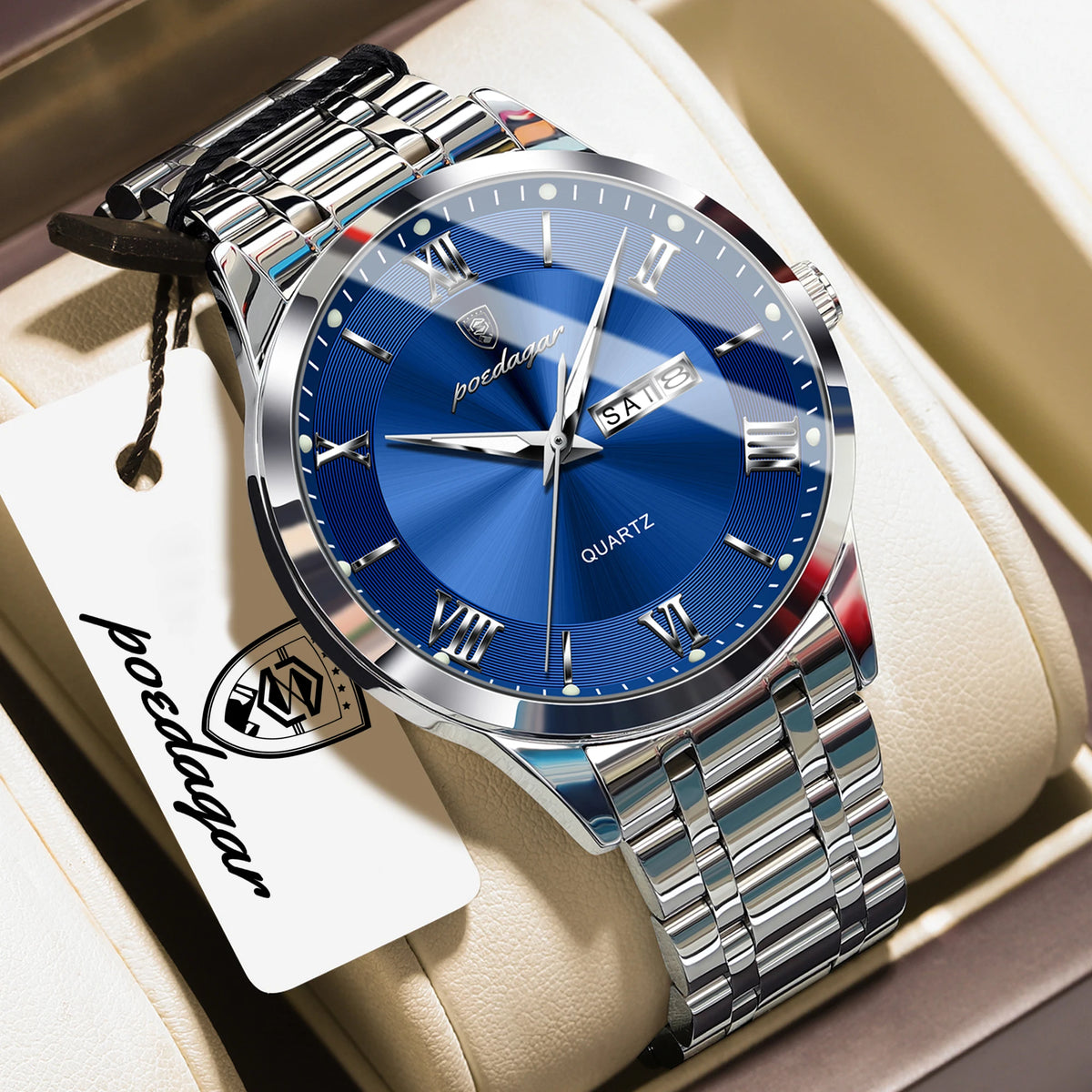 POEDAGAR Business Sports Man Wristwatch Waterproof Luminous Week Date Fashion Men's Clock Stainless Steel Quartz Watches For Men