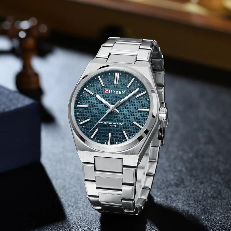 CURREN 8439 Men's Business Quartz Watch Minimalist Grid-Pattern Stainless Steel Strap Wristwatch with  Calendar Function