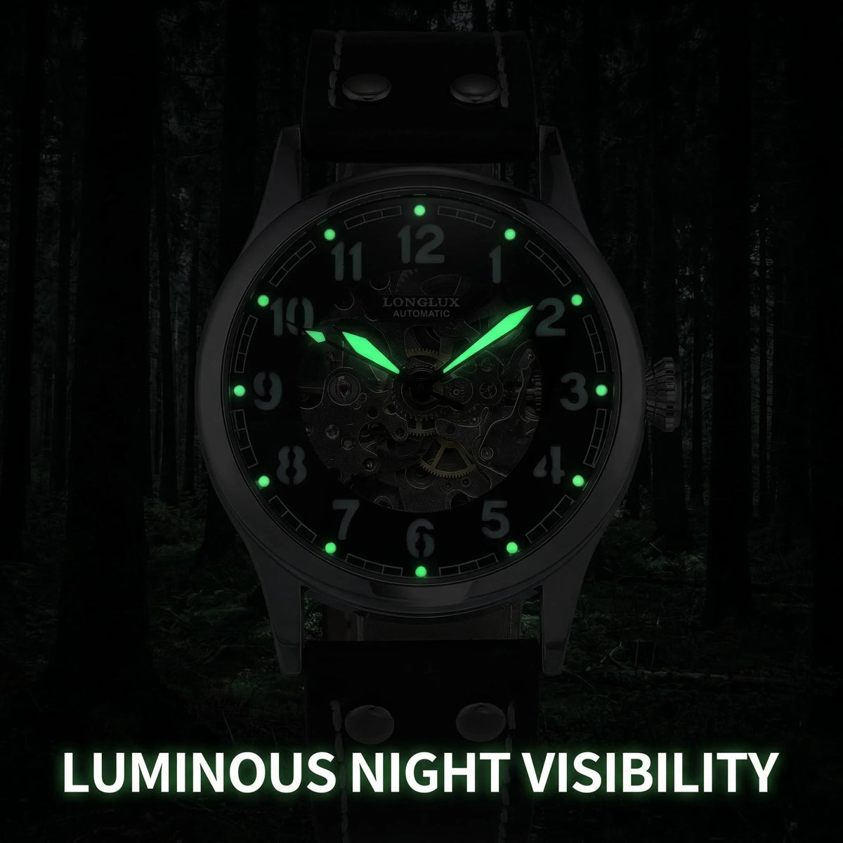 LONGLUX Men Automatic Watch Vintage Pilot Tough Guy Mechanical Watches Skeleton Waterproof Luminous Leather Gift