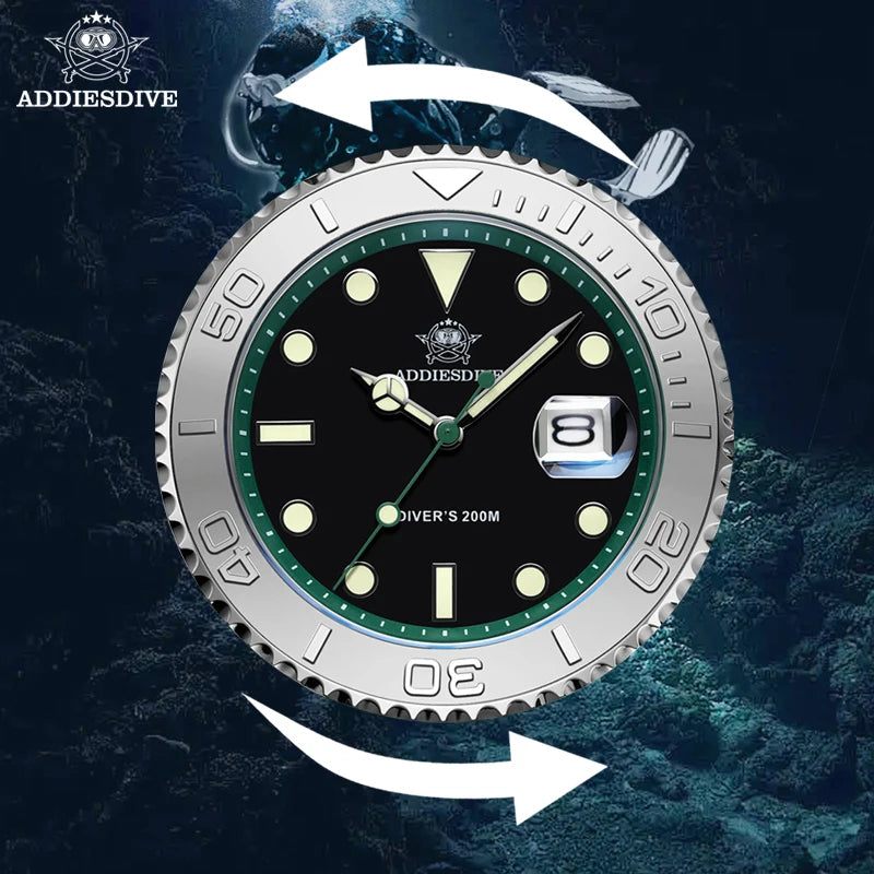 ADDIESDIVE Men's Dive Watch 200m Water Resistance BGW9 Super Luminous Ceramic Bezel Stylish Men's Stainless Steel Quartz Watch