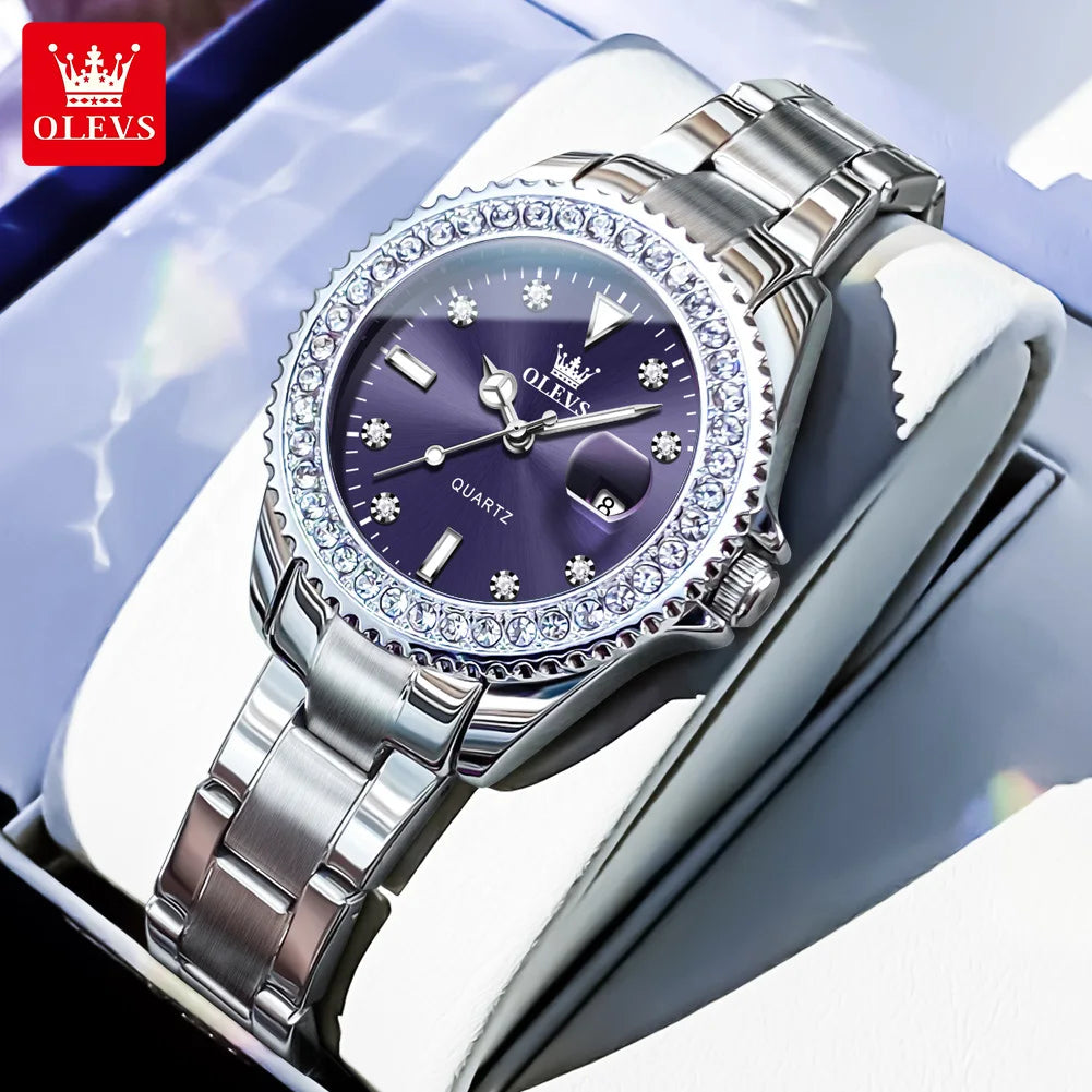 OLEVS 9945 Women's Watches Elegant Purple Full Diamond Dial Solid Stainless Steel Auto Date Waterproof Quartz Watch for Women
