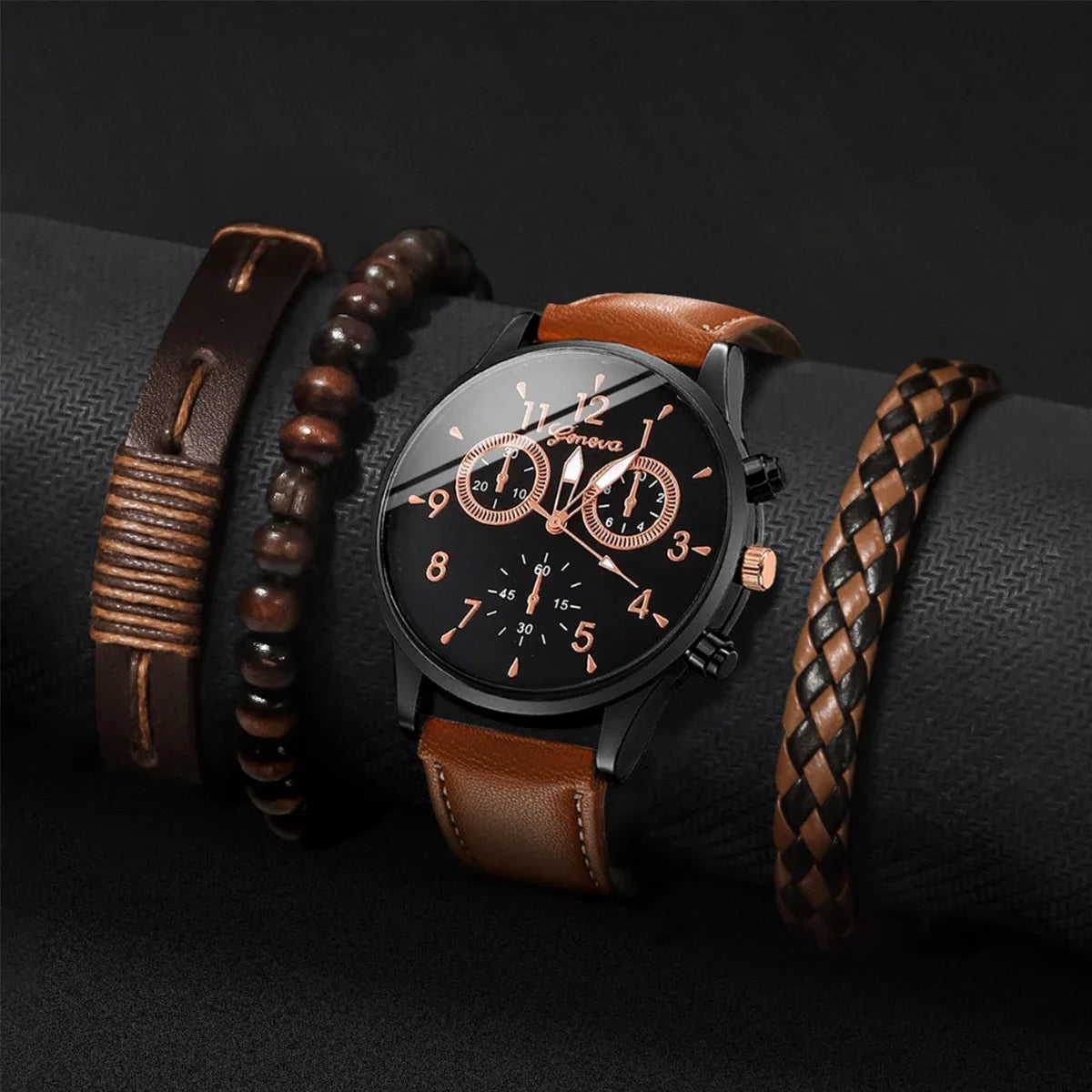4 Pcs/Set Fashion Men's Casual Watches Men's Leather Bracelet Quartz Watch Man Present Bracelets Set (Without Box)