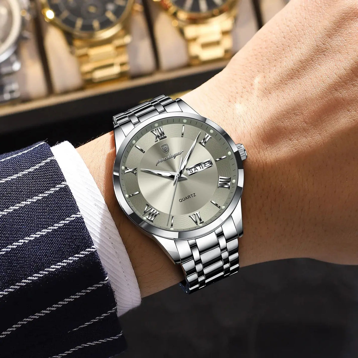 POEDAGAR Business Sports Man Wristwatch Waterproof Luminous Week Date Fashion Men's Clock Stainless Steel Quartz Watches For Men