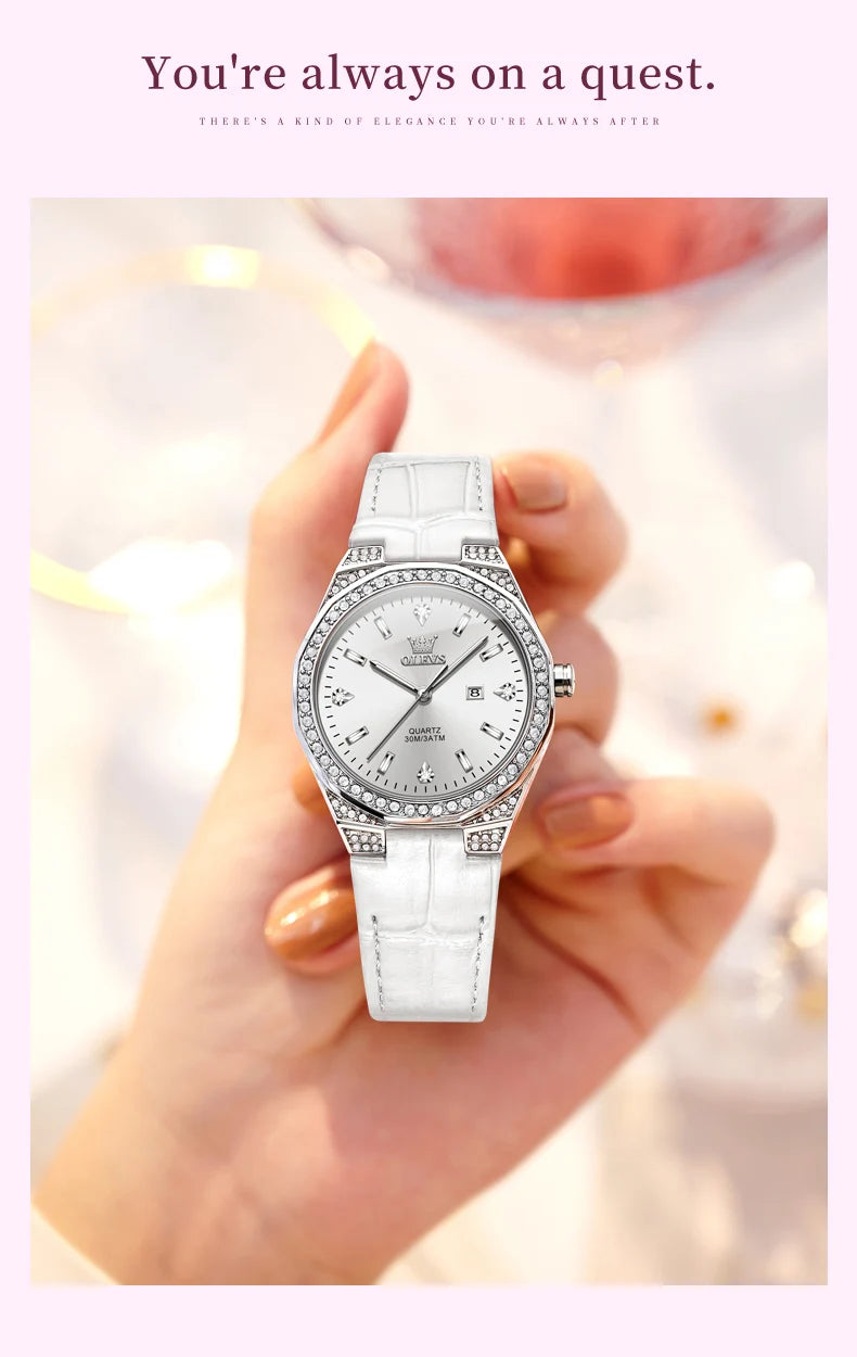 OLEVS Original Women's Watches Diamond Lap Fashion Leather Strap Waterproof Luminous Ladies Wristwatch Quartz Watch for Ladies'