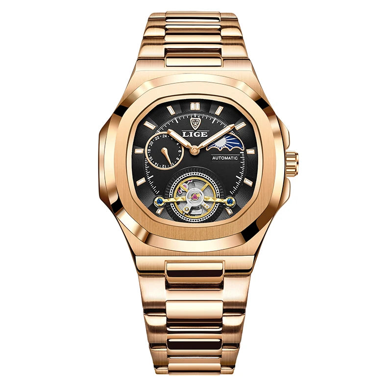 LIGE Mens Mechanical Watches Top Brand Luxury Square Automatic Watch For Men Waterproof Stainless Steel Clock Gift Montre Homme