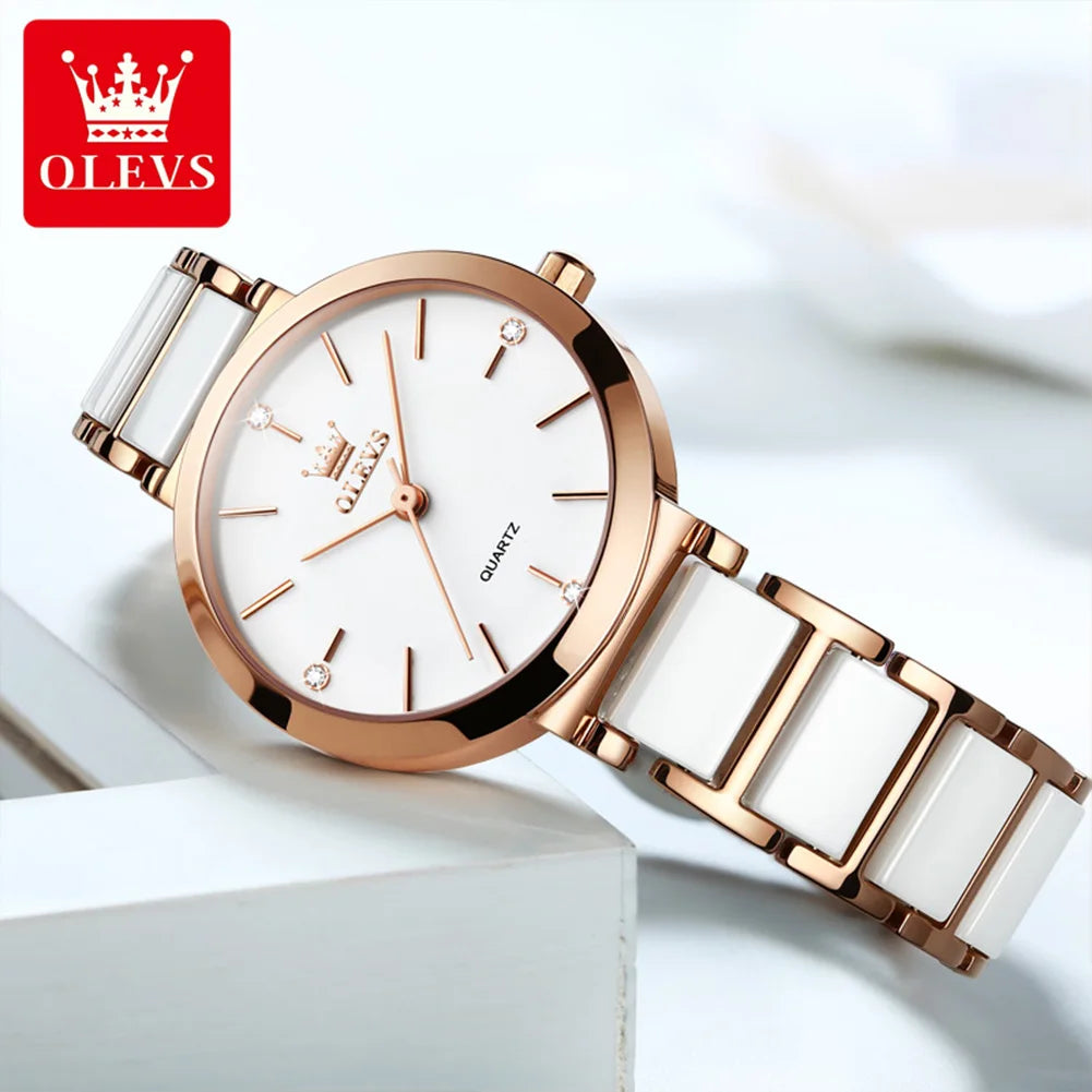 OLEVS Fashion Women Watches Relogio Feminino Luxury Rose Gold Watches Ladies Quartz Wrist Watch Ceramic Strap Clock Reloj Mujer