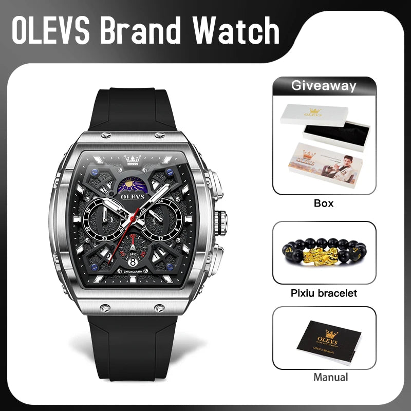OLEVS 2942 New Mens Watch Original Quartz Watch Hollow Out Watches Waterproof Luminous Watches For Men Moon Phase Silicone Strap