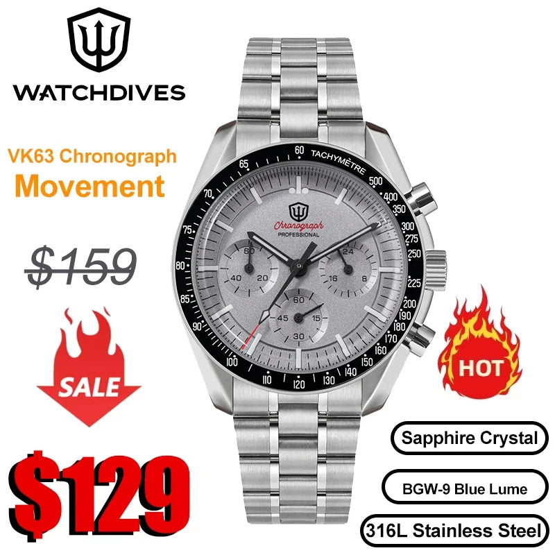 Watchdives New WD1863 Mechanical Quartz Wristwatch Multifunctional Chronograph VK63 Men Watch Bubble Sapphirewaterproof Reloj