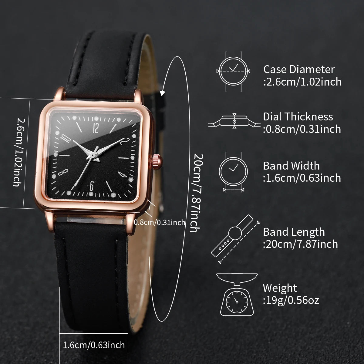 2/4PCS Fashion Square Women's Watch Leather Band Quartz Watches Heart Bracelet Set（Without Box）