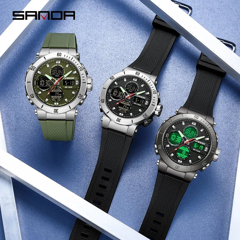 SANDA Chic Sport Men's Watch Orange Silicone Strap Luxury Waterproof Chronograph Quartz Wristwatches Digital Date and Week Clock