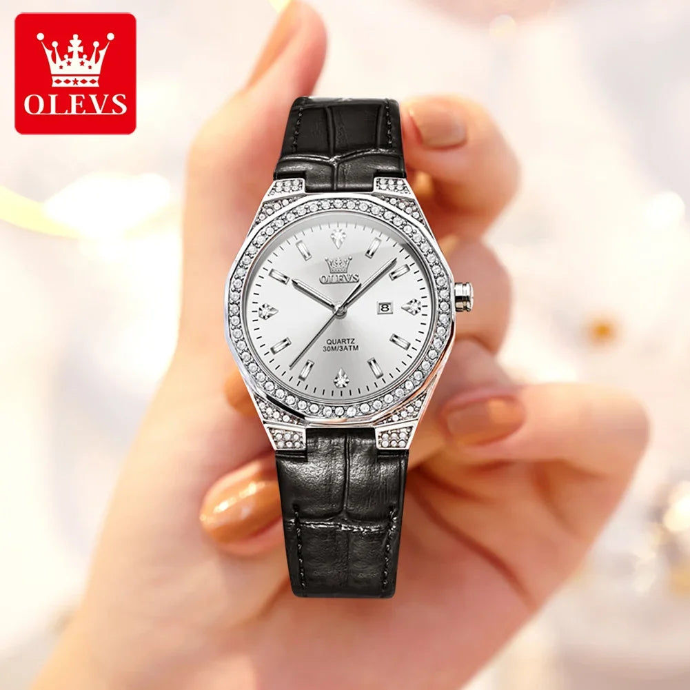 OLEVS Original Women's Watches Diamond Lap Fashion Leather Strap Waterproof Luminous Ladies Wristwatch Quartz Watch for Ladies'