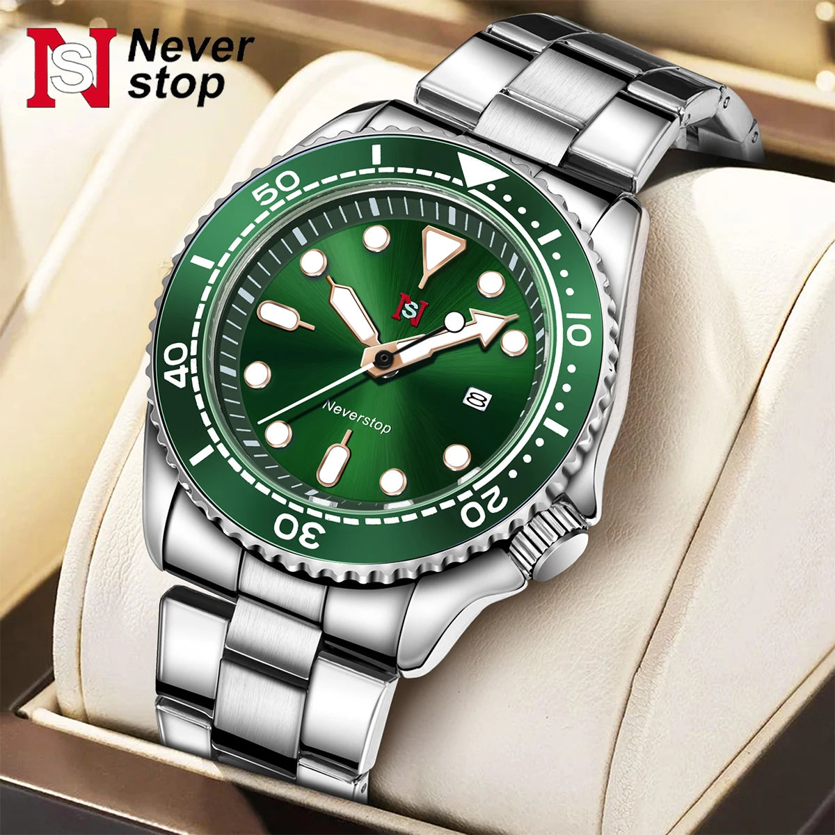 NS Mens Sports Watch | Multi-Color High-Contrast Dial and Markers Ceramic Bezel Stainless Steel Band Versatile Style