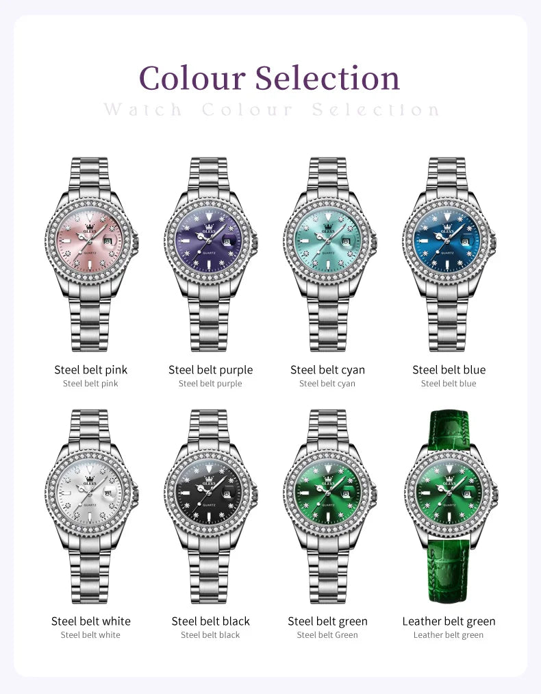 OLEVS 9945 Women's Watches Elegant Purple Full Diamond Dial Solid Stainless Steel Auto Date Waterproof Quartz Watch for Women
