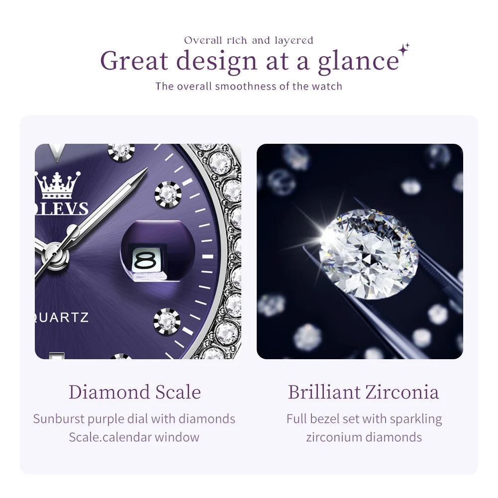 OLEVS 9945 Women's Watches Elegant Purple Full Diamond Dial Solid Stainless Steel Auto Date Waterproof Quartz Watch for Women