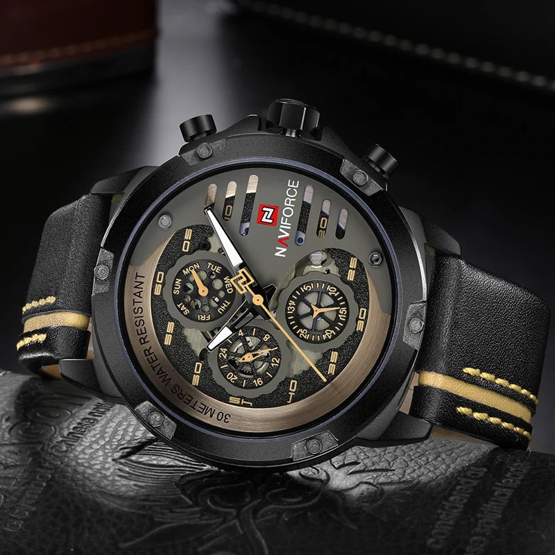 NAVIFORCE Men's Sports 24H Display Date Calendar Waterproof Watch Luminous Genuine Leather Strap Quartz Wristwatch Reloj Hombre