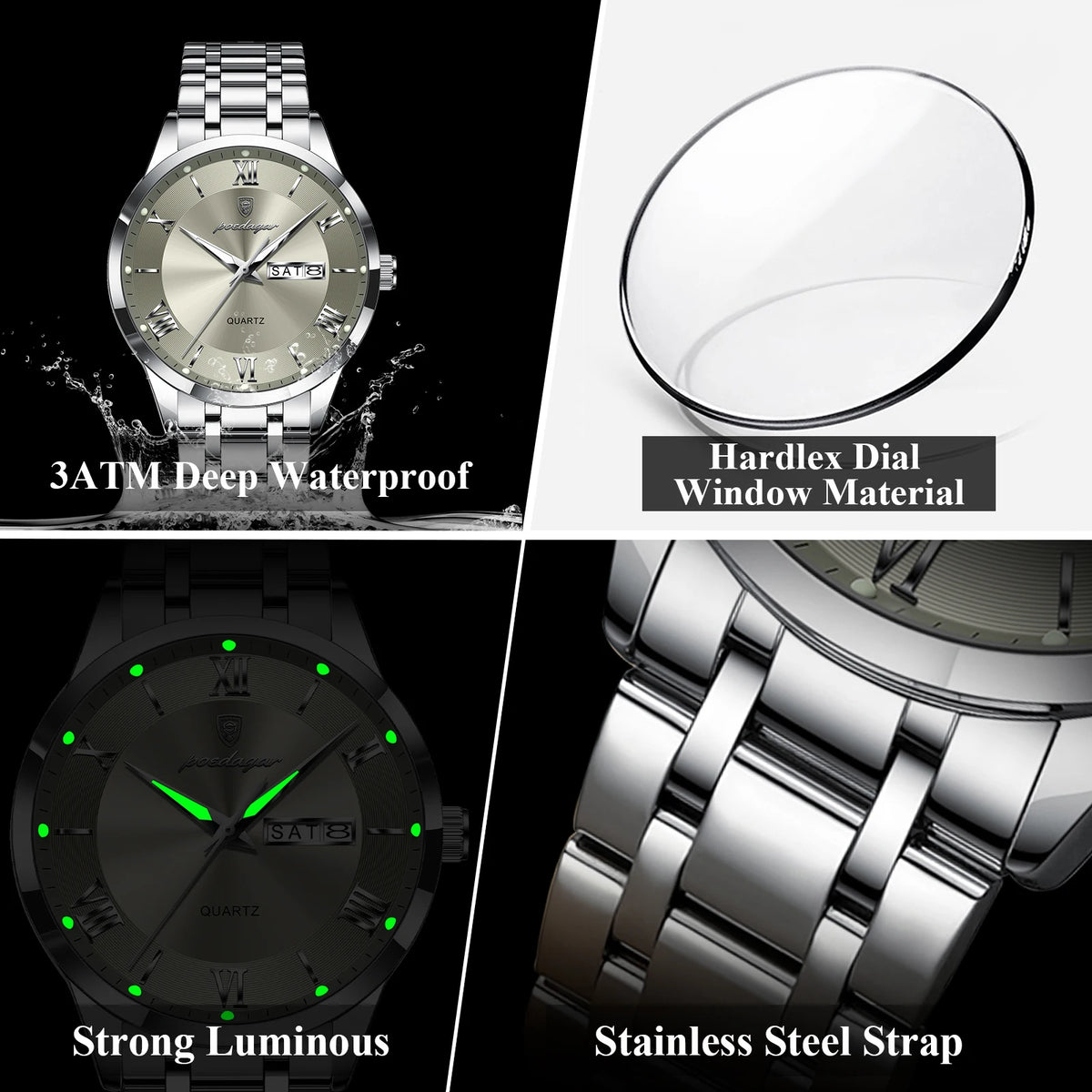 POEDAGAR Business Sports Man Wristwatch Waterproof Luminous Week Date Fashion Men's Clock Stainless Steel Quartz Watches For Men