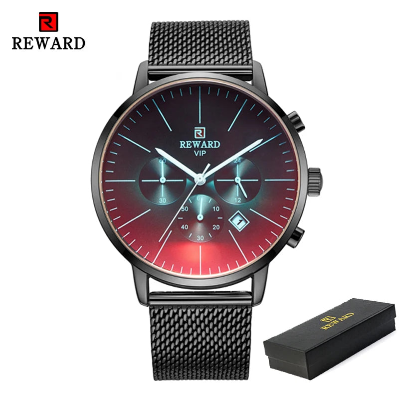 REWARD Men’s Watches Top Brand Sport Watch Luxury Men Stainless Steel Mesh Quartz Wrist Watches Chronograph Design Male Clock
