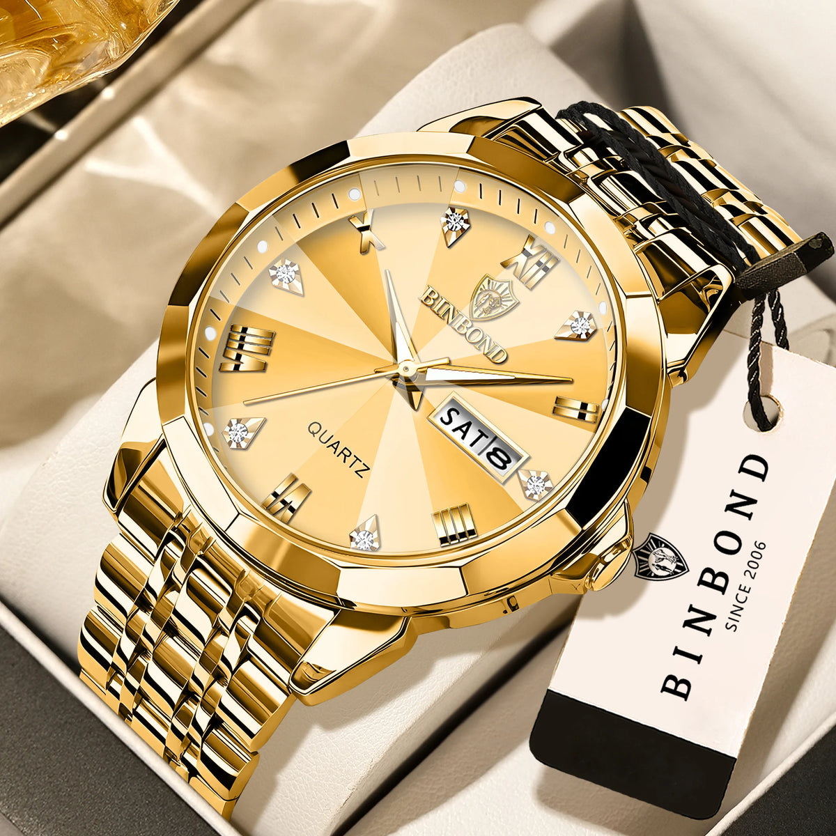 BINBOND Quartz Wristwatches For Men Luminous Waterproof Men's Watch Stainless Steel Original Reloj Para Hombre Todo +Box