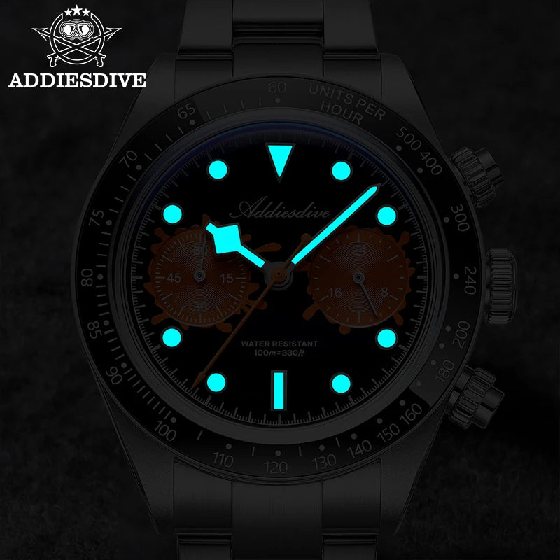 ADDIESDIVE Watches AD2520 Men VK64 Quartz Chronograph Watch Luminous Ceramic Bezel 40mm Bubble Glass 100m Waterproof Wristwatch