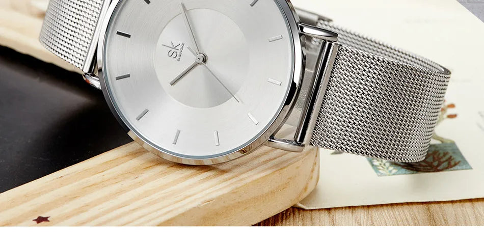 Shengke Fashion Black Watch For Women Classic Relogio Feminino Ultra Thin Quartz Watch Woman Adjustable Mesh Strap Montre Femme
